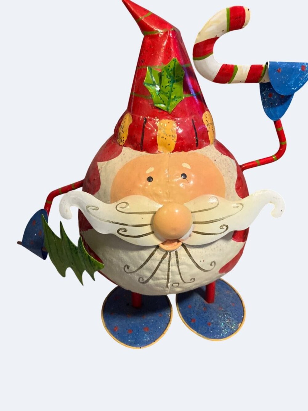 Metal Wobbling Santa Claus Figurine With Candy Cane and Holly Hat